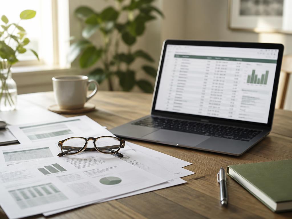 Desk with printed pricing documents, glasses, and a laptop showing a data table